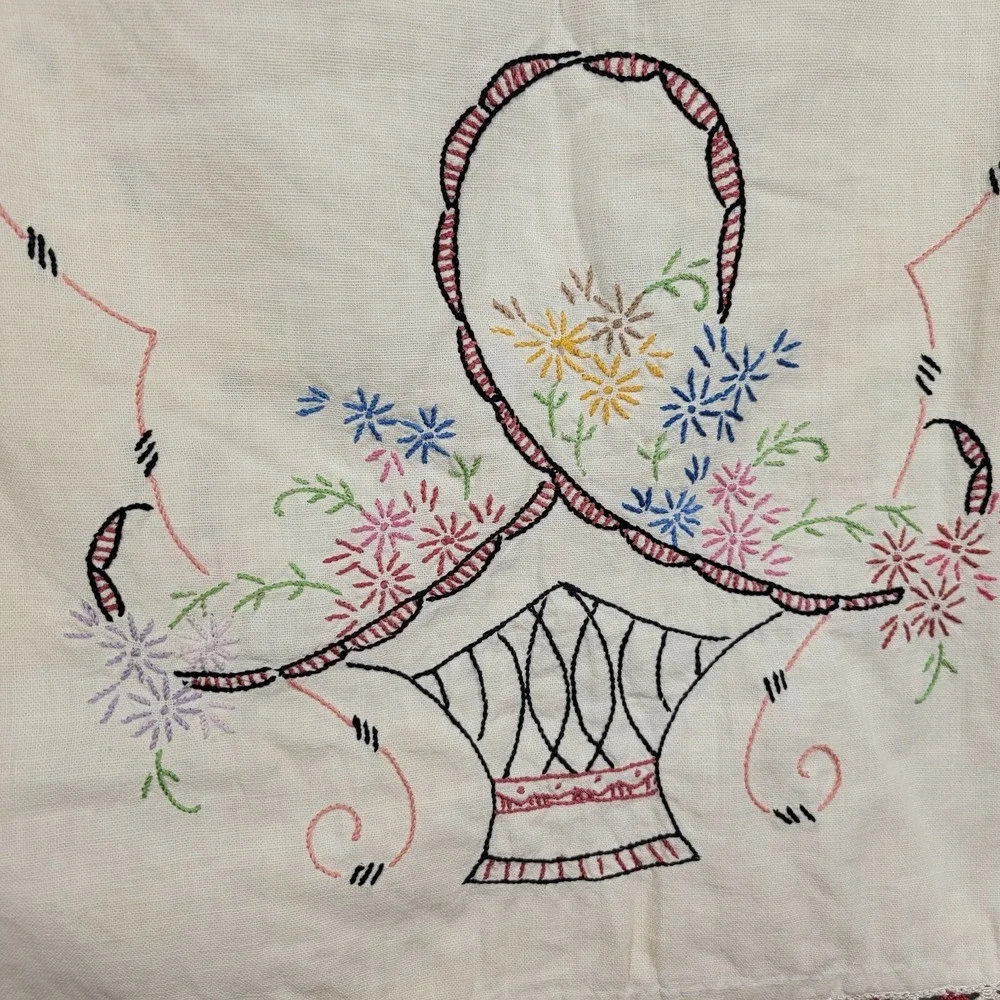 Table Runner Cream Embroidered Floral Basket Crochet Trim 15x40